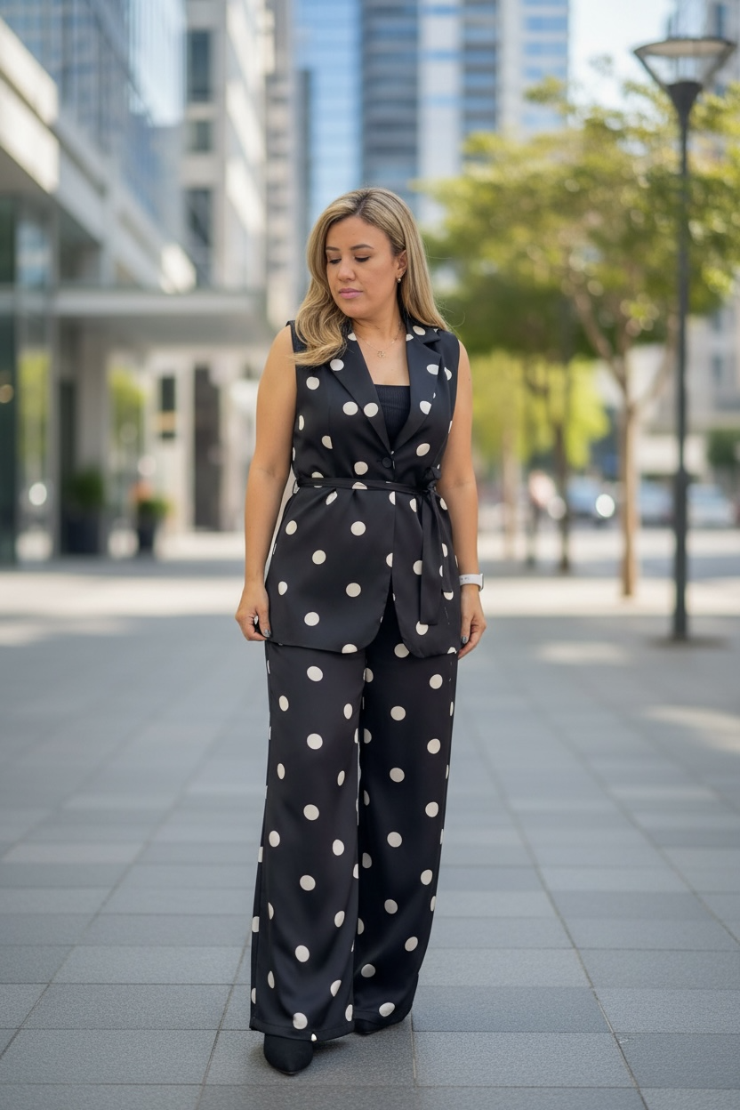 Conjunto Negro Estampado de Lunares Beige