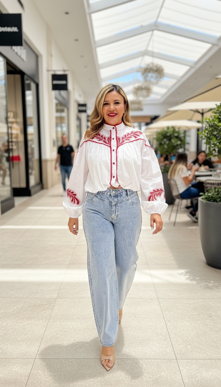 Blusa Blanca de Manga Larga con Bordados Rojos Decorativos