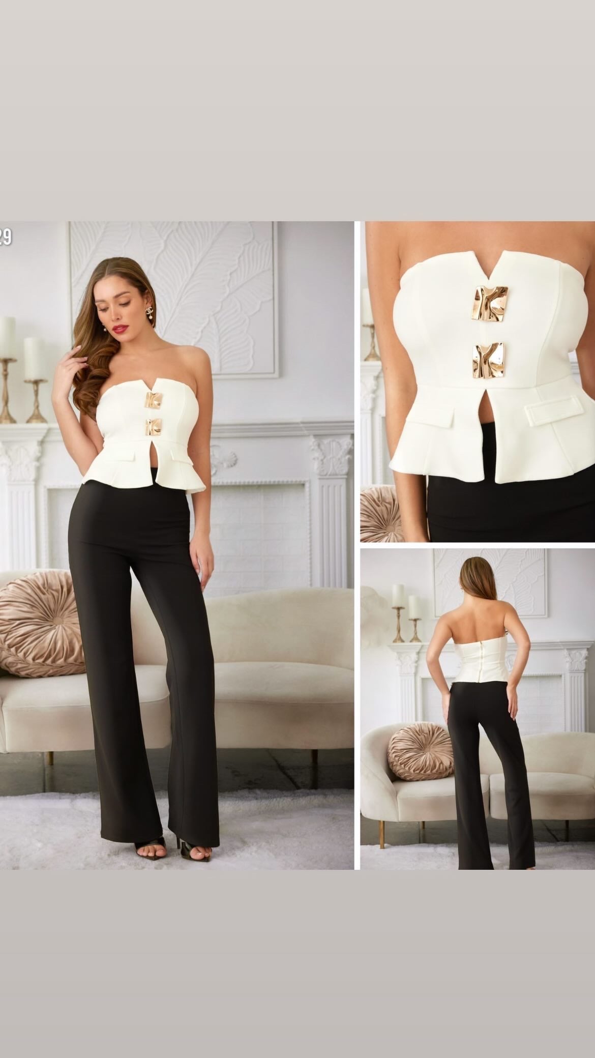 Conjunto Casual Blusa Straple Blanca y Pantalón Negro