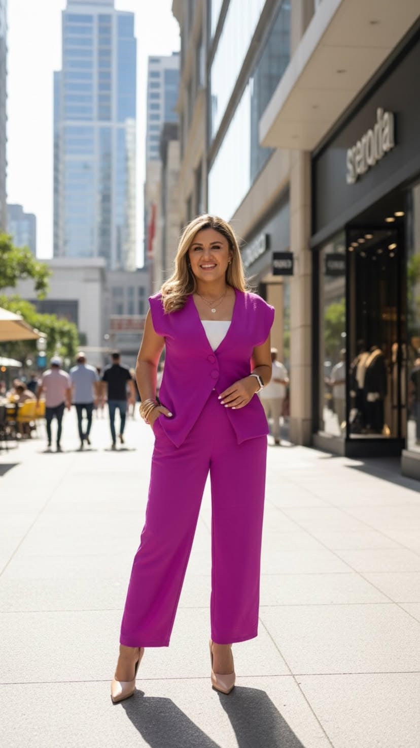 Conjunto Magenta de Pantalón Y Blusa Tipo Chaleco