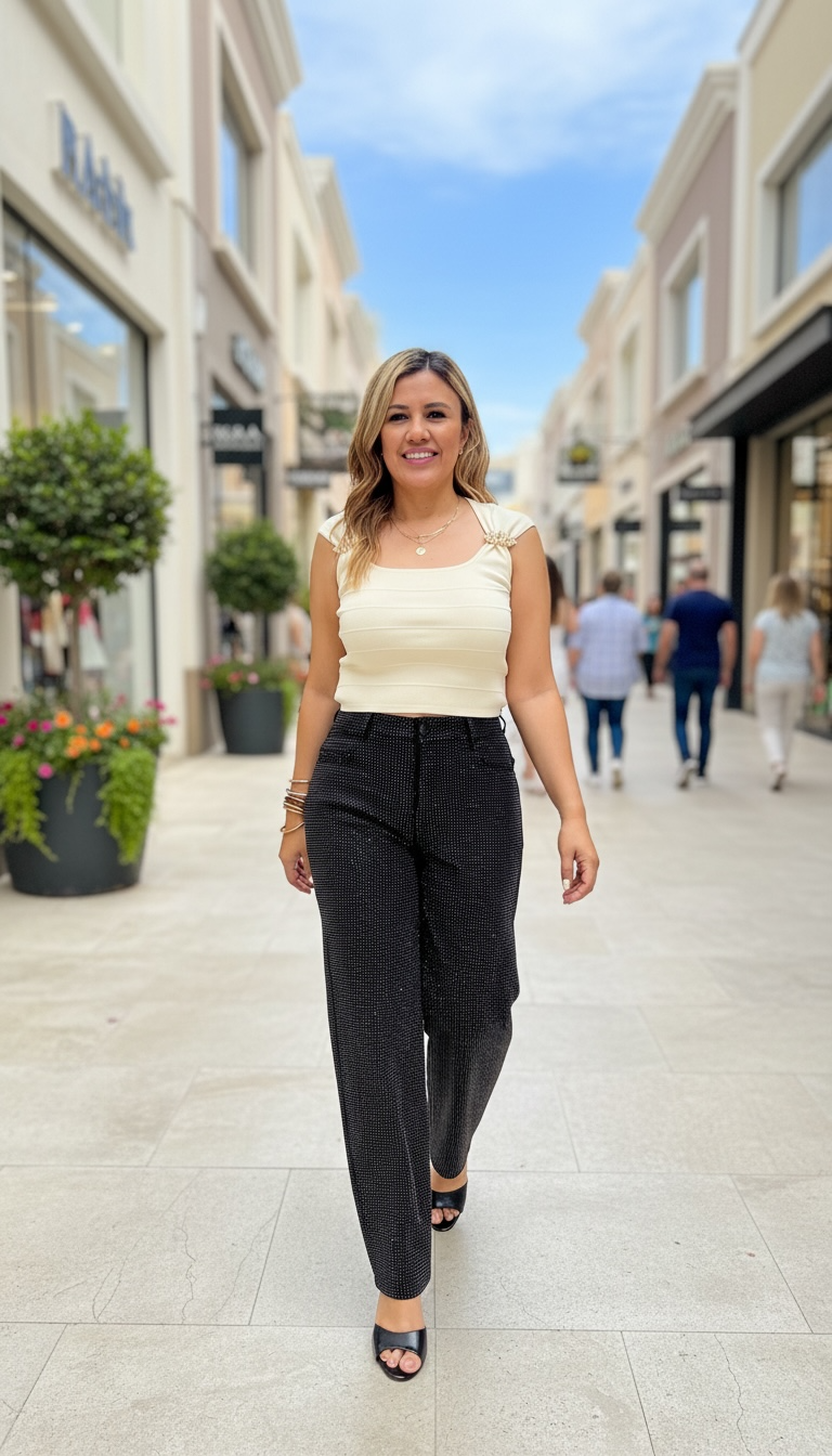 Pantalón Negro de Mezclilla con Aplicaciones de Brillos