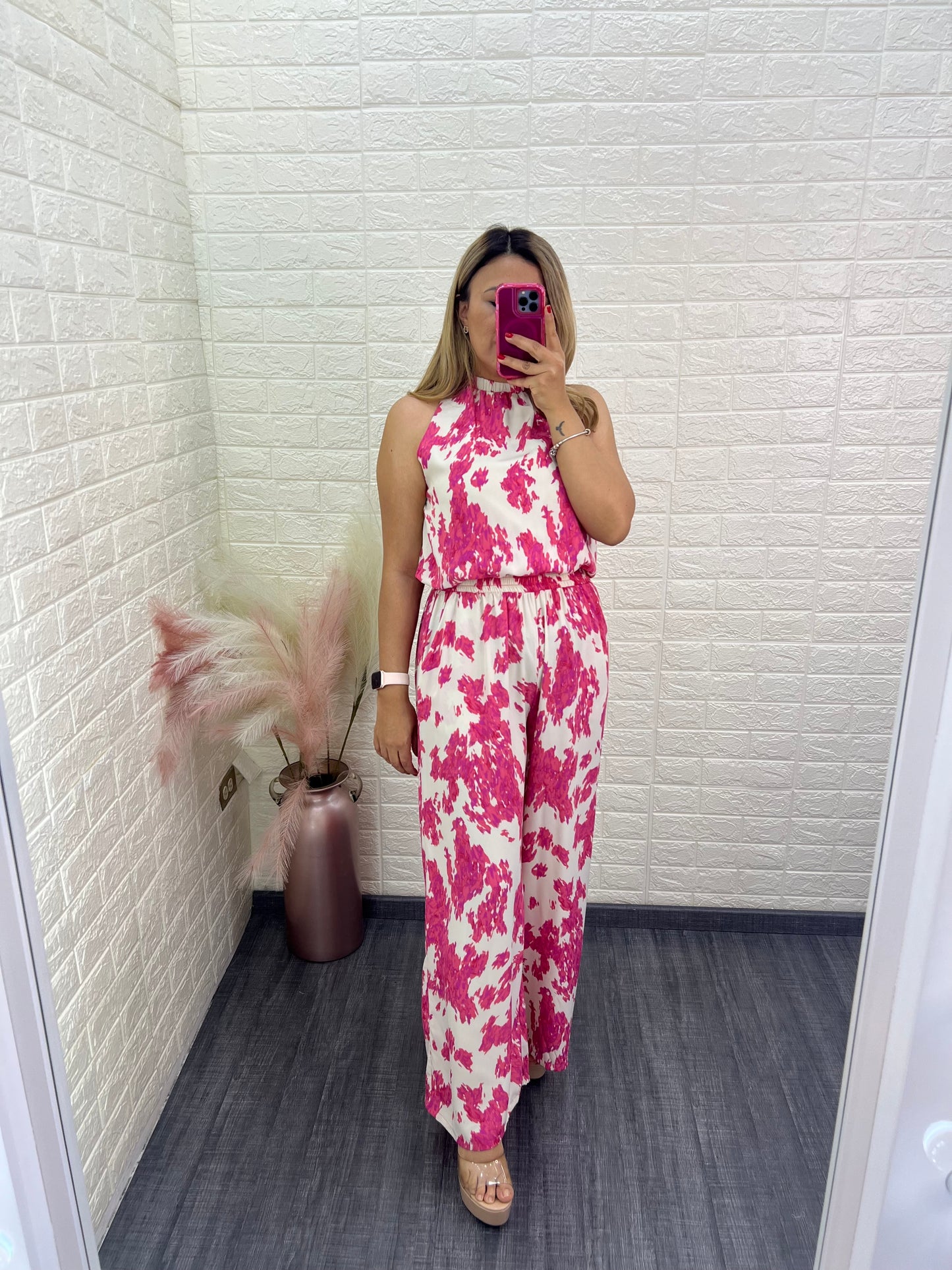 Conjunto de Blusa y Pantalón de Cintura Elástica Estampado Blanco Manchas Rosas