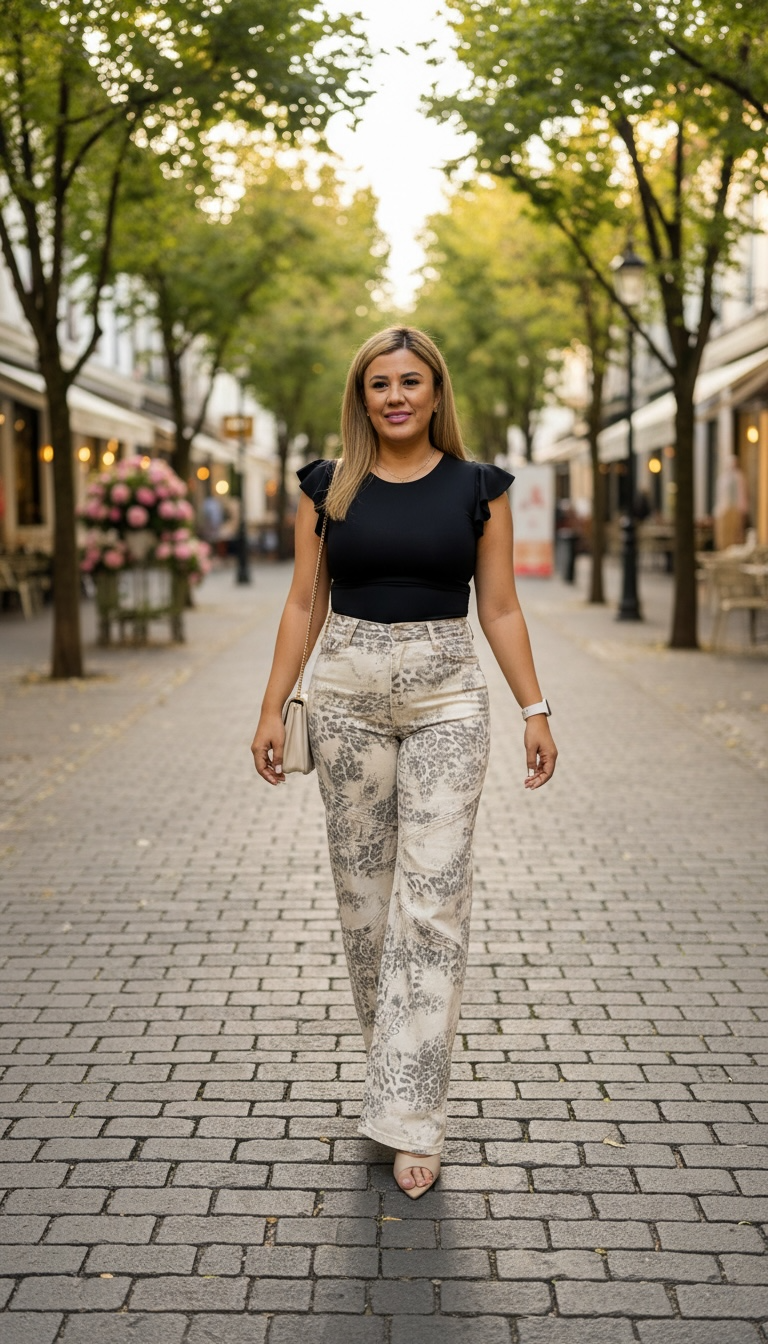 Panti Blusa Negra con Olanes en las Mangas