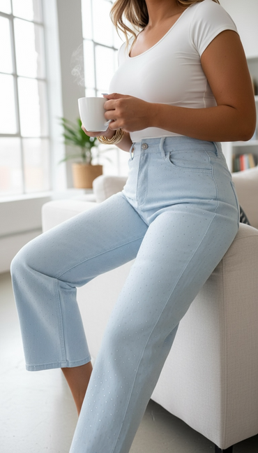 Pantalón de Mezclilla Ligera con Brillos Color Sky Blue