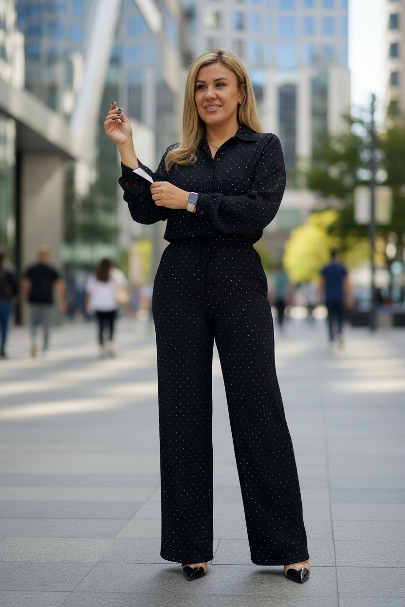 Conjunto Negro de Blusa y Pants con Aplicación de Brillos