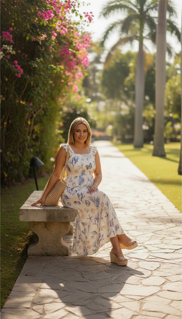Vestido de Tirantes con Olanes, Color Cream Estampado de Figuras de Mar