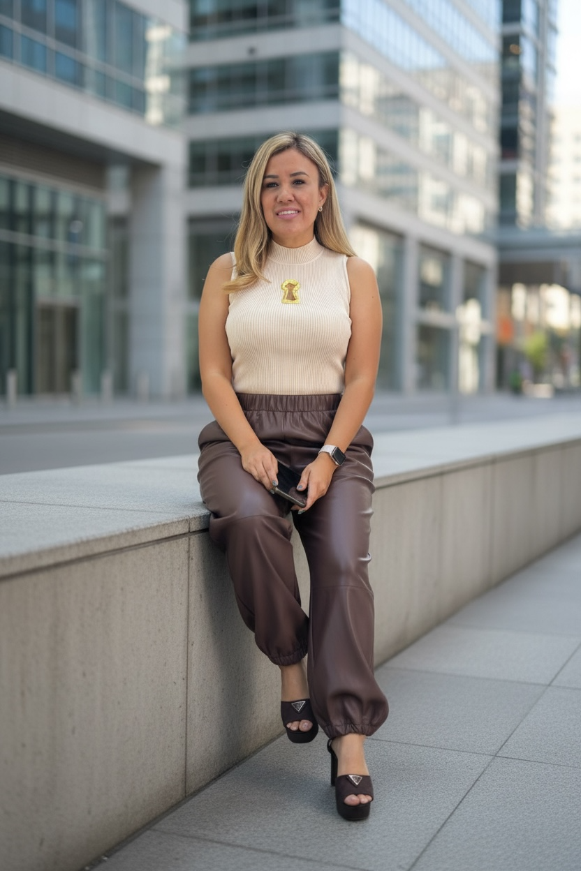 Pantalón Café de Vinipiel Tipo Jogger