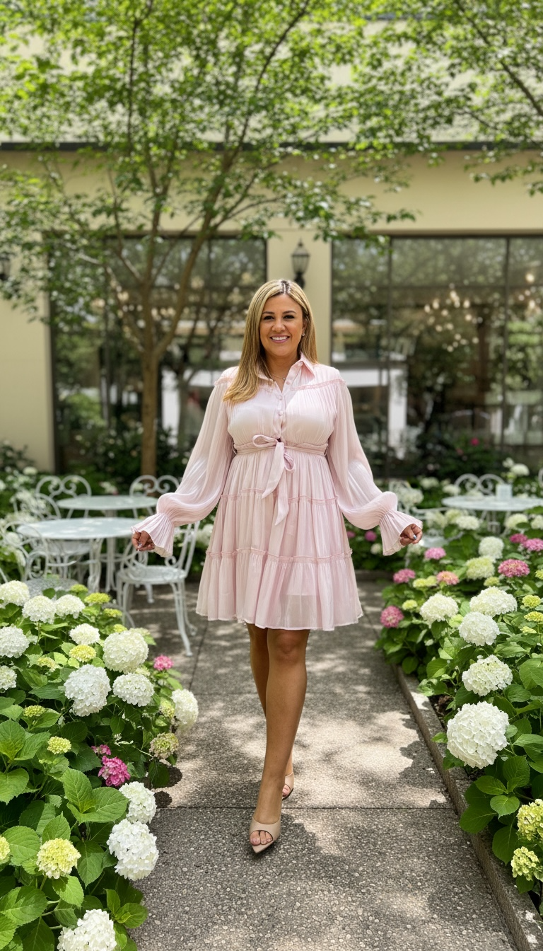 Vestido de Manga Larga Rosa de Gasa con Fondo