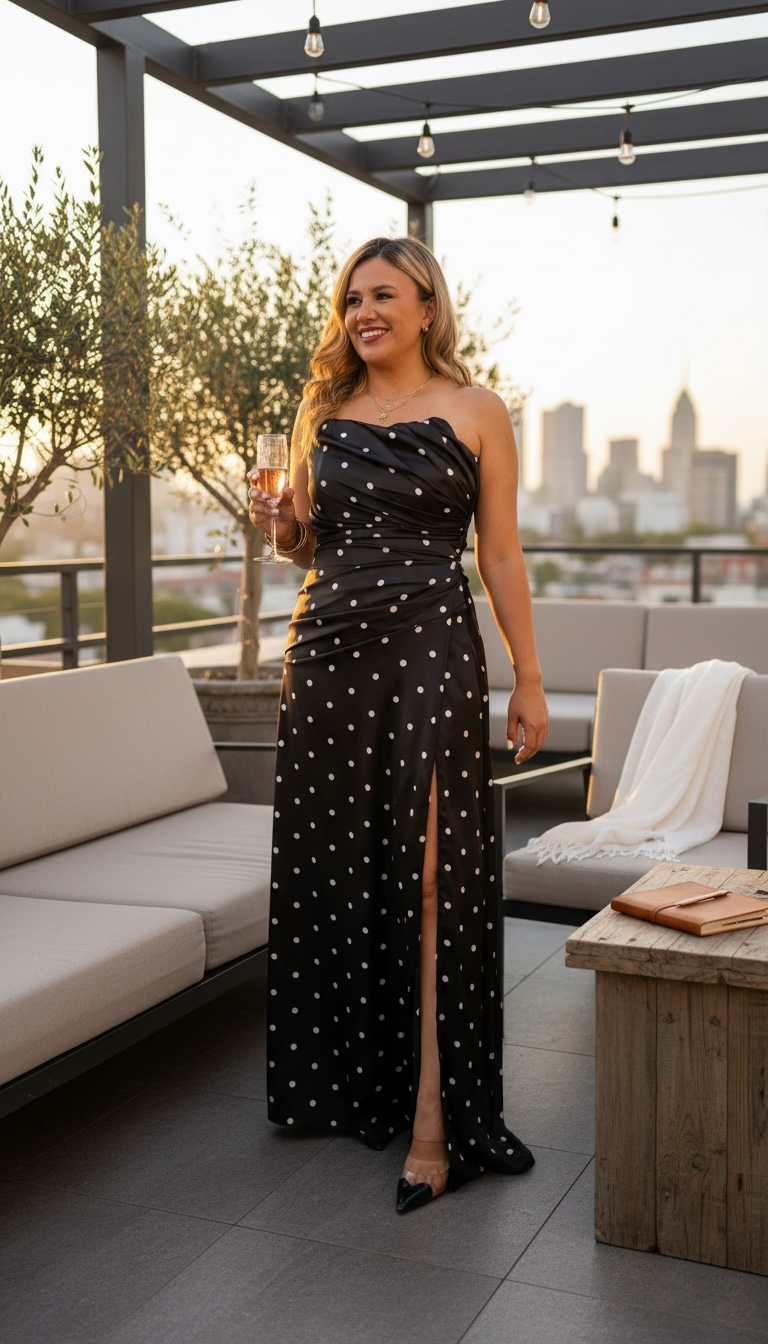 Vestido Straple Negro Estampado Polka Dots
