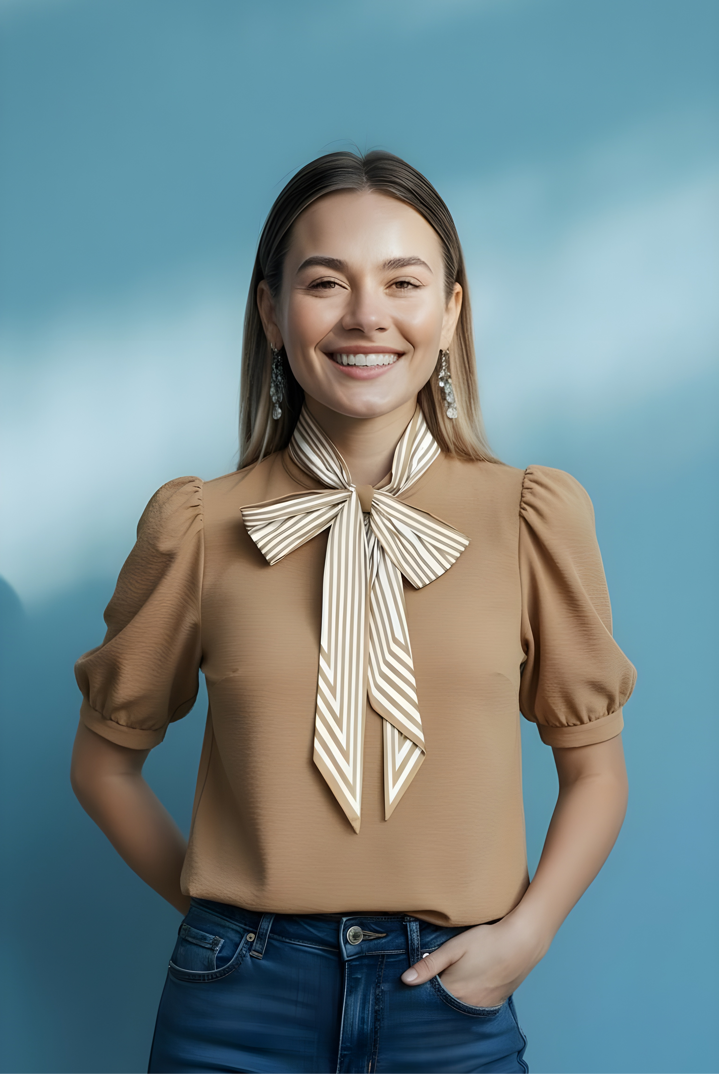 Blusa Beige Casual de Manga Corta con Moño Decorativo