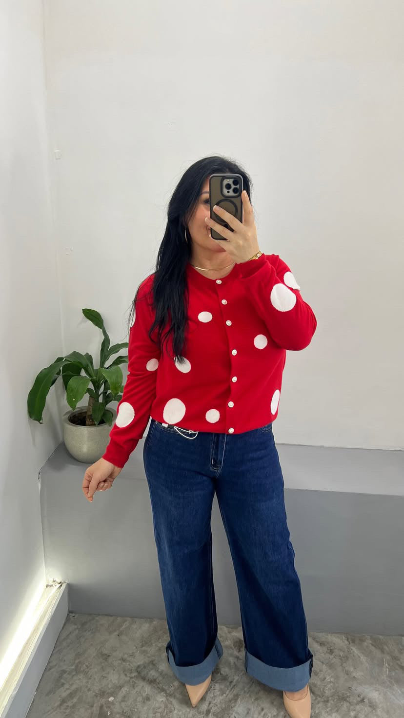Suéter Rojo Estampado Lunares Blancos