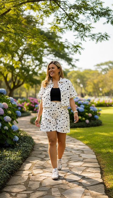 Conjunto de Mezclilla Blanco Polka Dots Negro de Blusa y Short