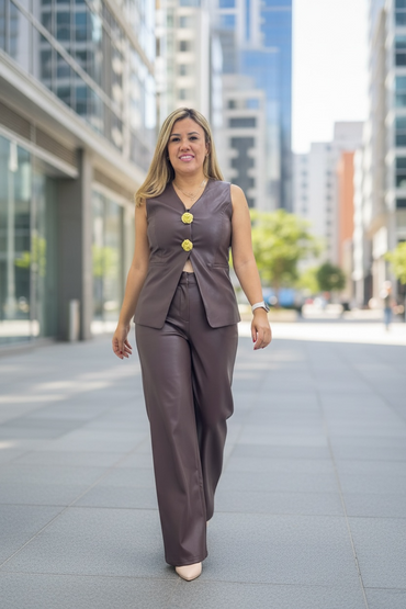 Conujnto Chaleco y Pantalón Café de Vinipiel con Botones Dorados