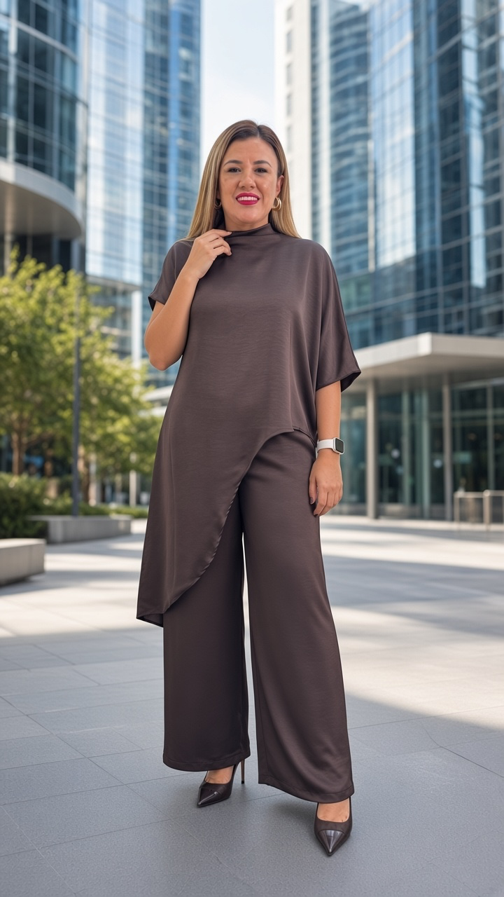 Conjunto Café de Blusón Largo Asimétrico con Pantalón de Cintura Elástico