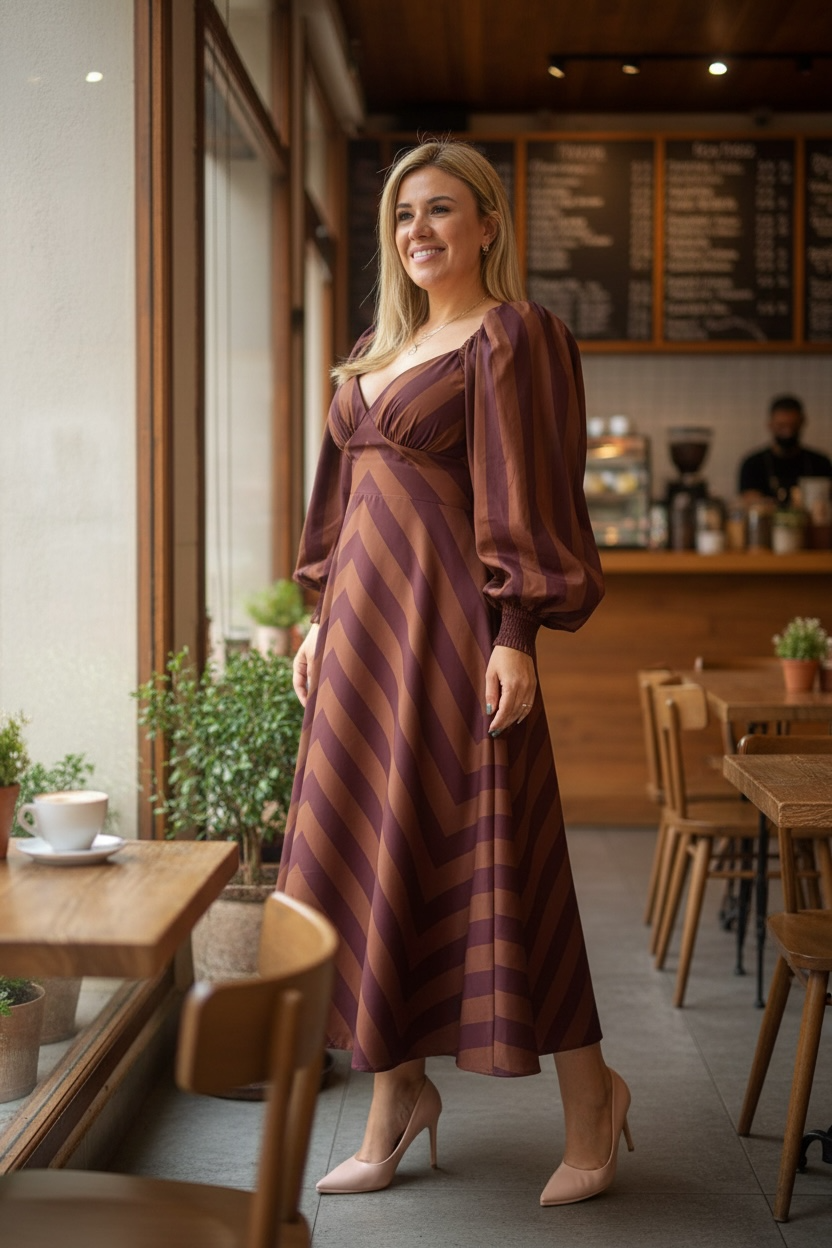 Vestido Largo Café Cuello V Estampado a Rayas