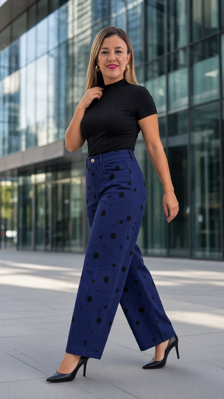 Jeans Color Marino de Mezclilla Corte Barriel con Estampado Polka Dots
