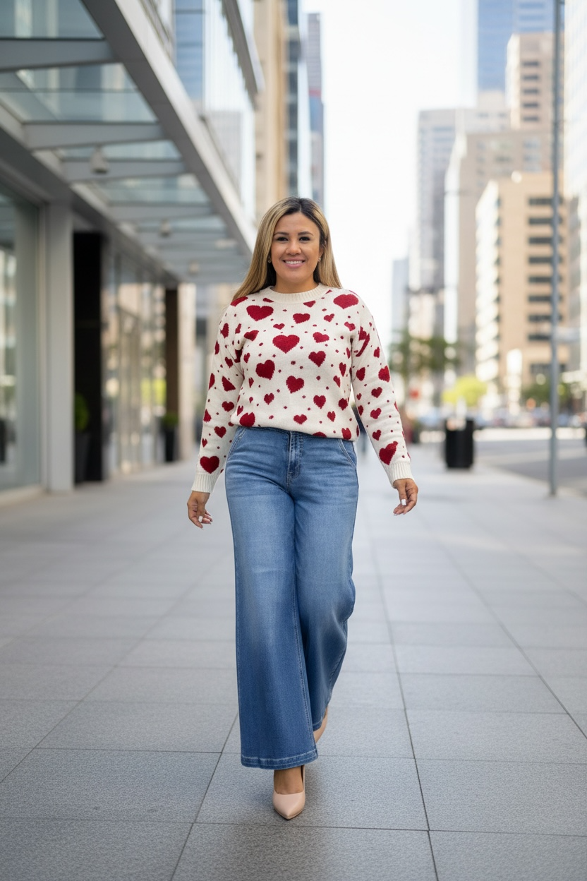 Suéter Beige Cuello Redondo Estampado Corazones Rojos con Brillos