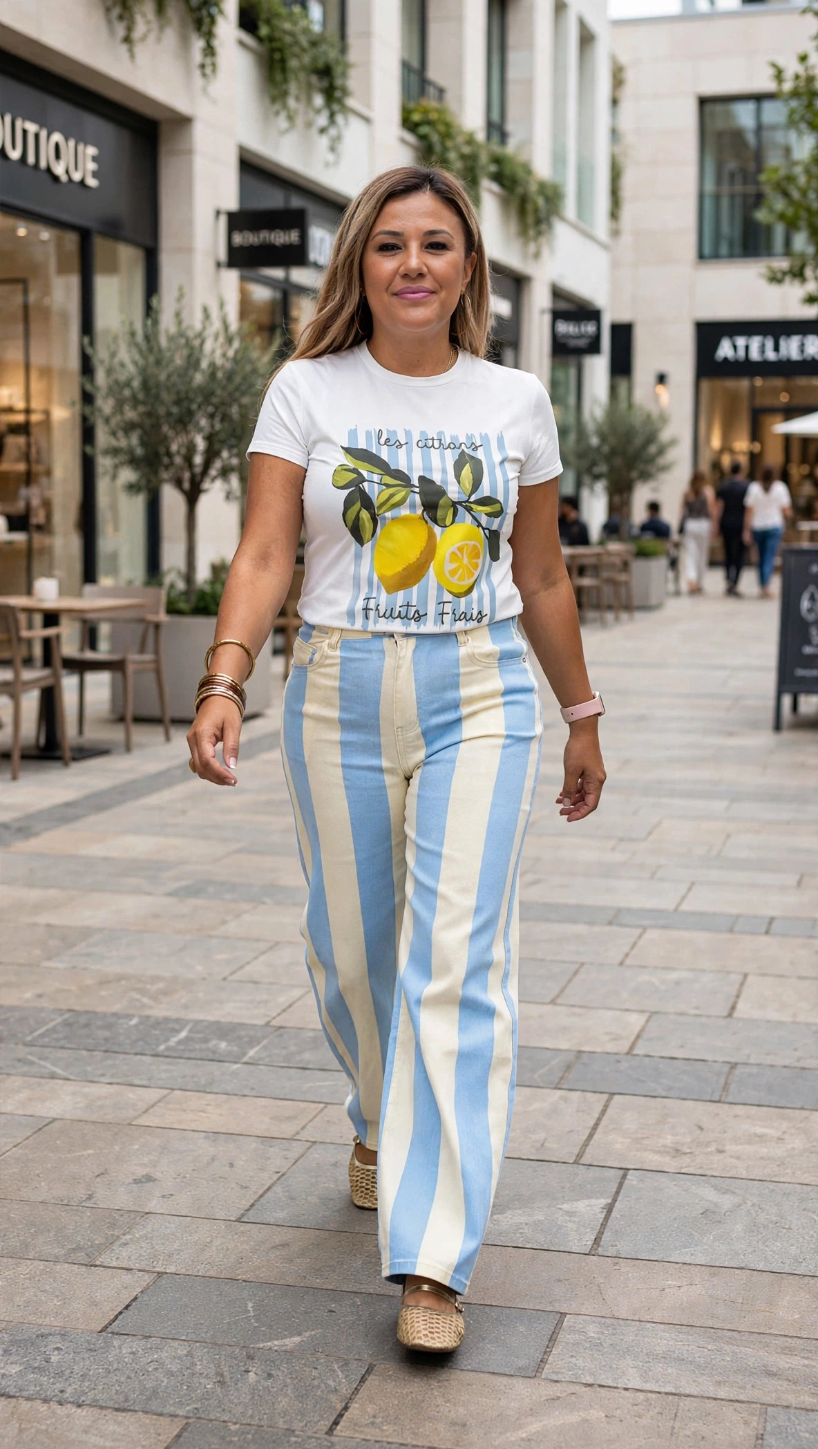 Jeans de Mezclilla Estampado a Rayas Celeste con Amarillo Mantequilla