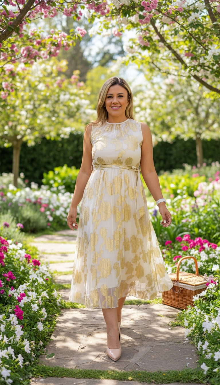 Vestido Color Beige con Aplicaciones de Flores en Dorado