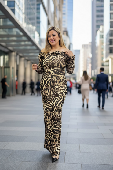 Vestido A Los Hombros Estampado Animal Print