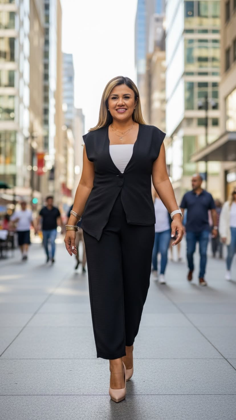 Conjunto Negro de Pantalón Y Blusa Tipo Chaleco