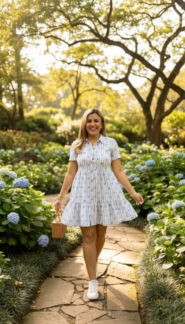 Vestido Blanco Estampado Rayas Azules con Flores