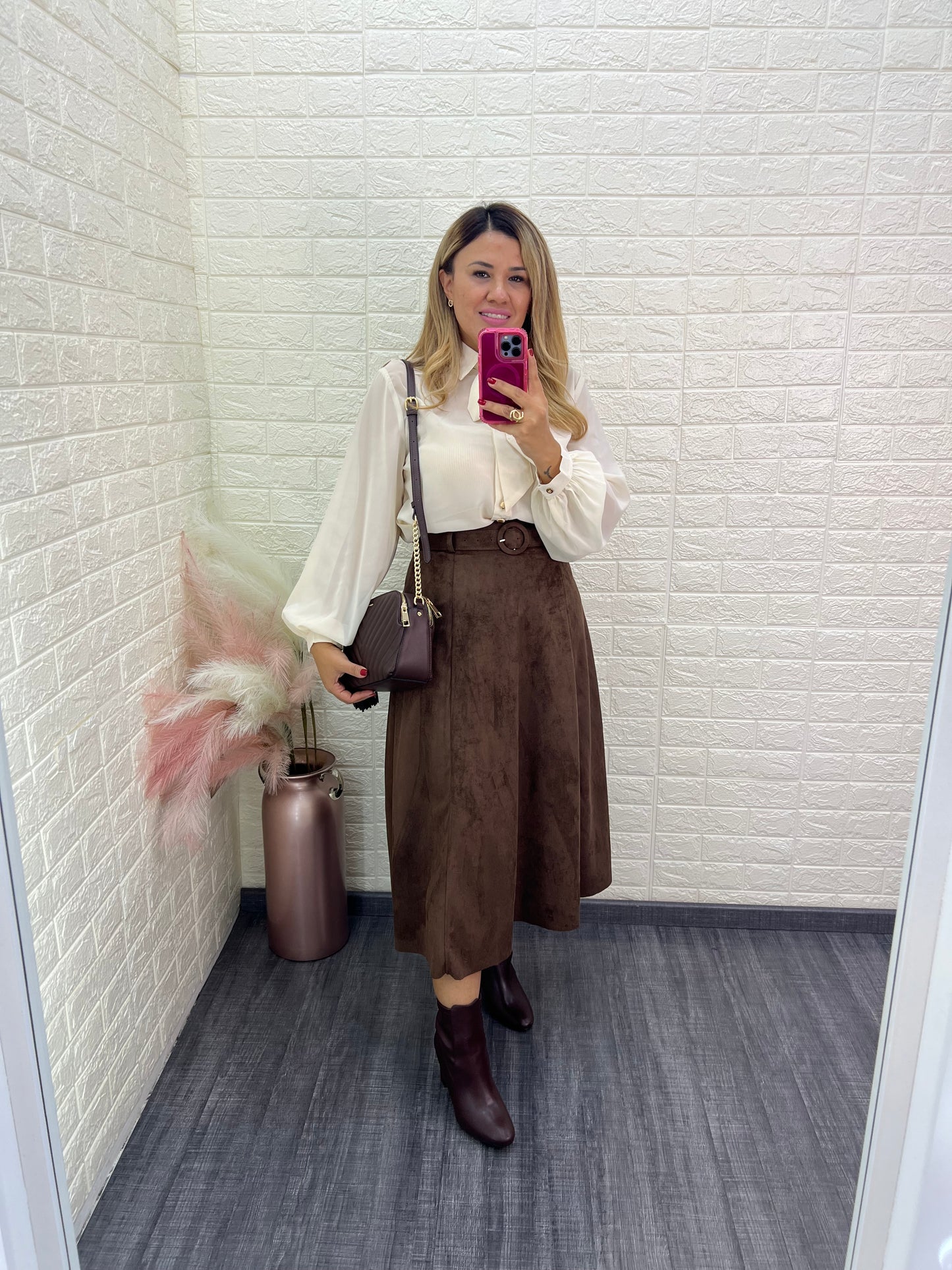Falda Larga Café en Tela de Nubuck
