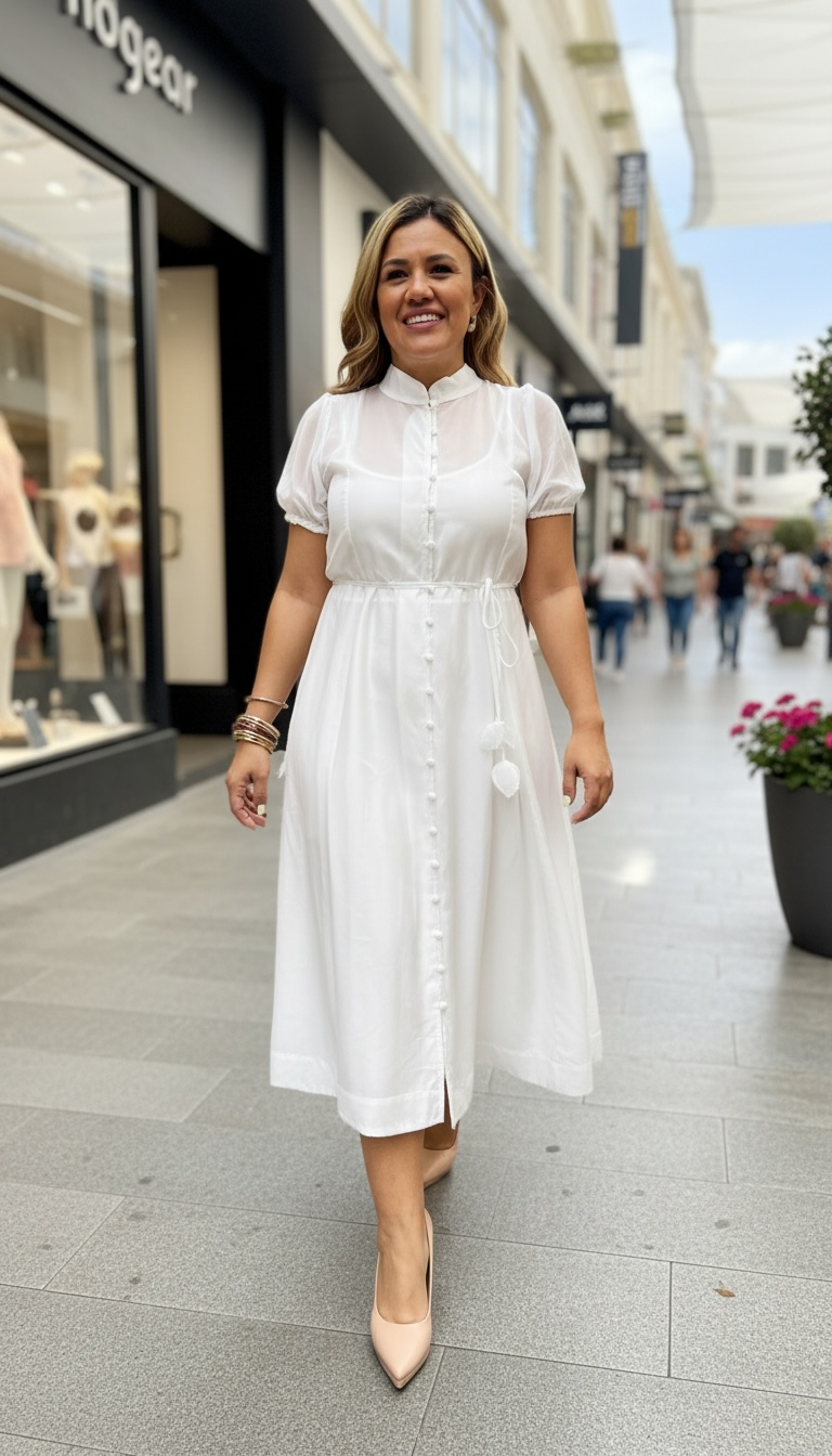 Vestido Blanco de Manga Corta, de Botones con Cintillo Delgado