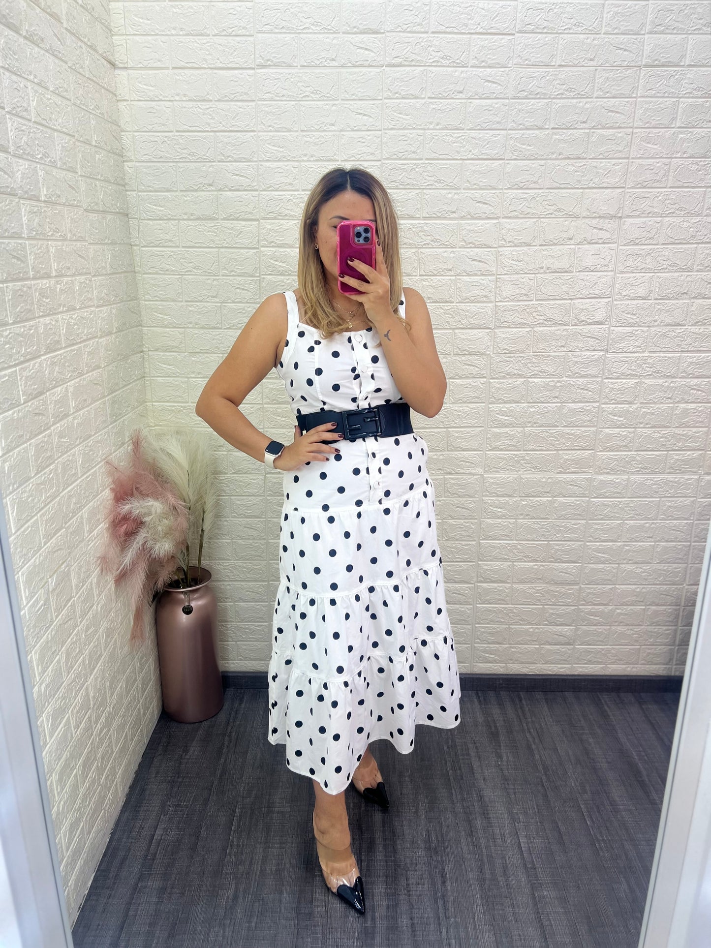 Vestido Blanco Largo de Tirantes Estampado Lunares Negros