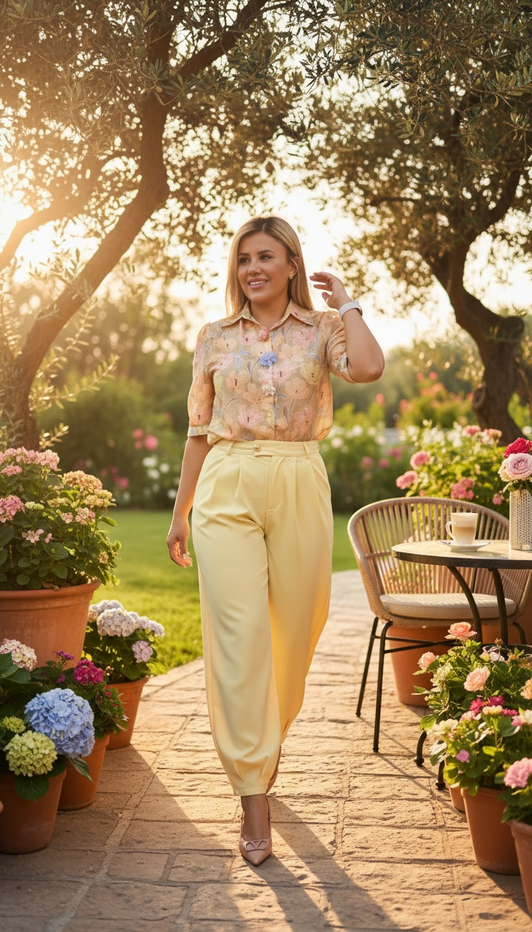 Blusa Amarillo Obscuro Estampado de Flores con Botones Decorativos