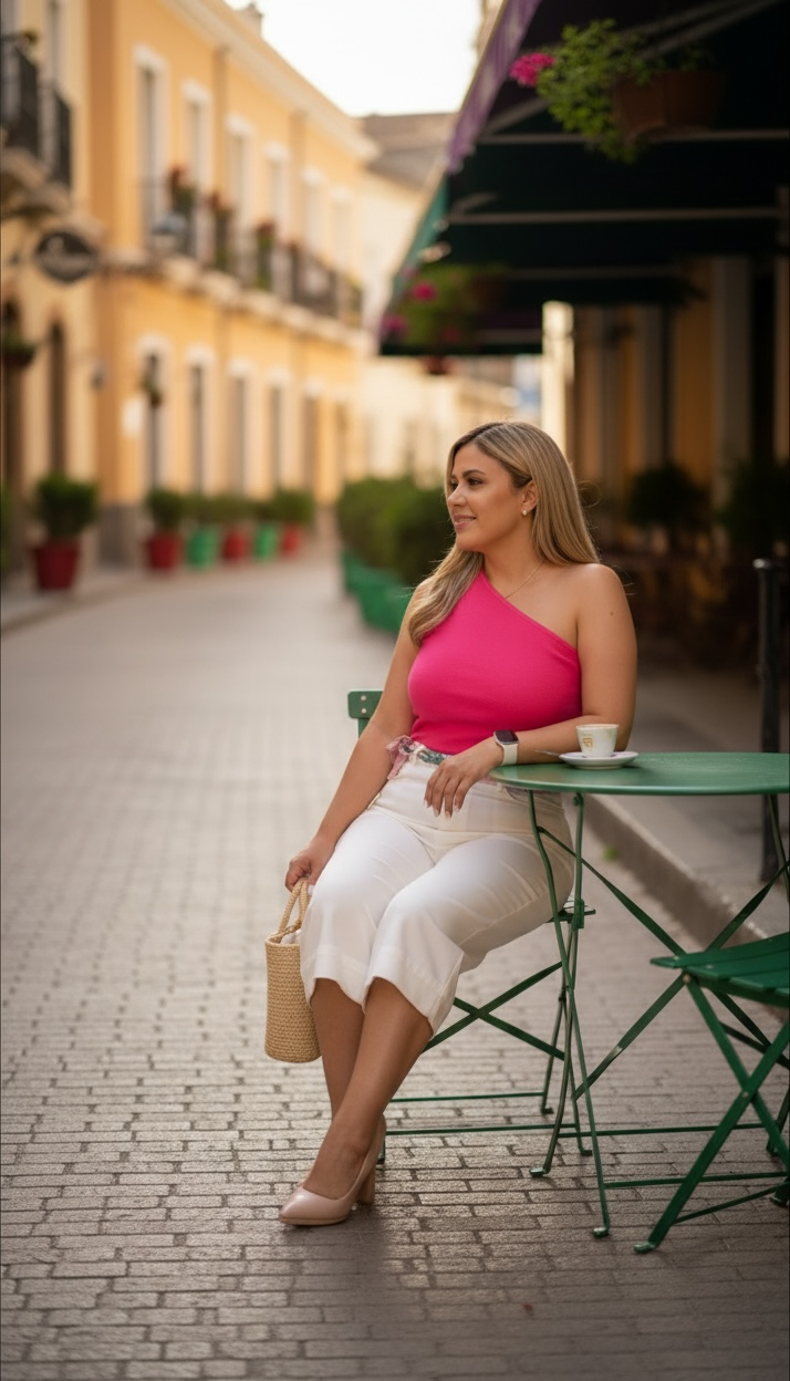 Blusa Rosa a Un Hombro Corte Asimétrico