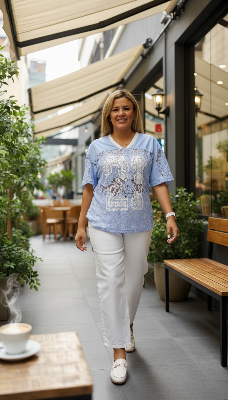Blusa Sky Blue de Encaje de Cuello V Estampado #21