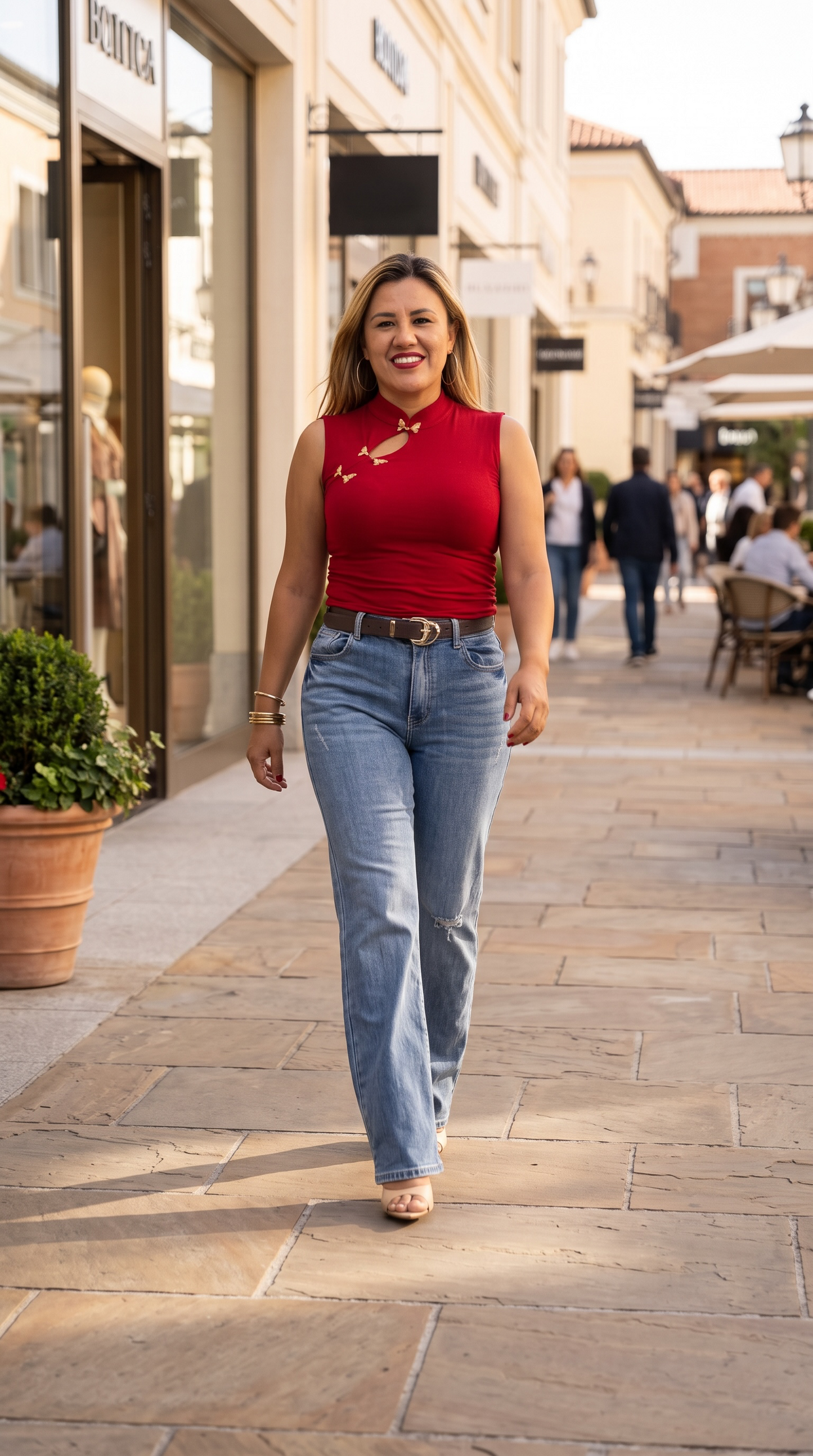 Jeans Azul de Mezclilla Corte Straight con Cinto Café