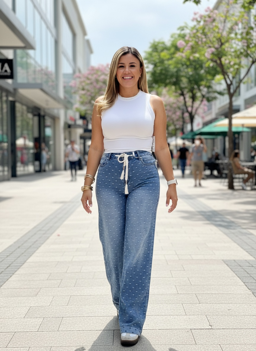 Jeans de Mezclilla con Valenciana Estampado Lunares