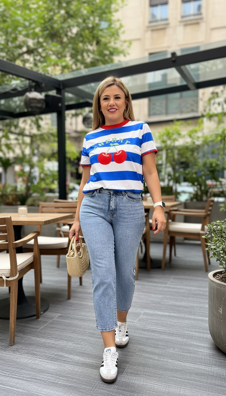 Playera Blanca Estampado a Rayas Azules con Cherrys