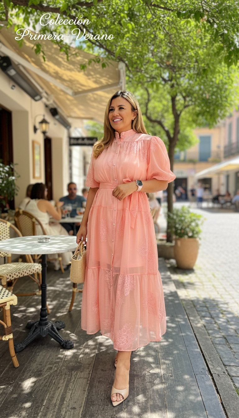 Vestido Rosa de Gasa con Bordado de Flores