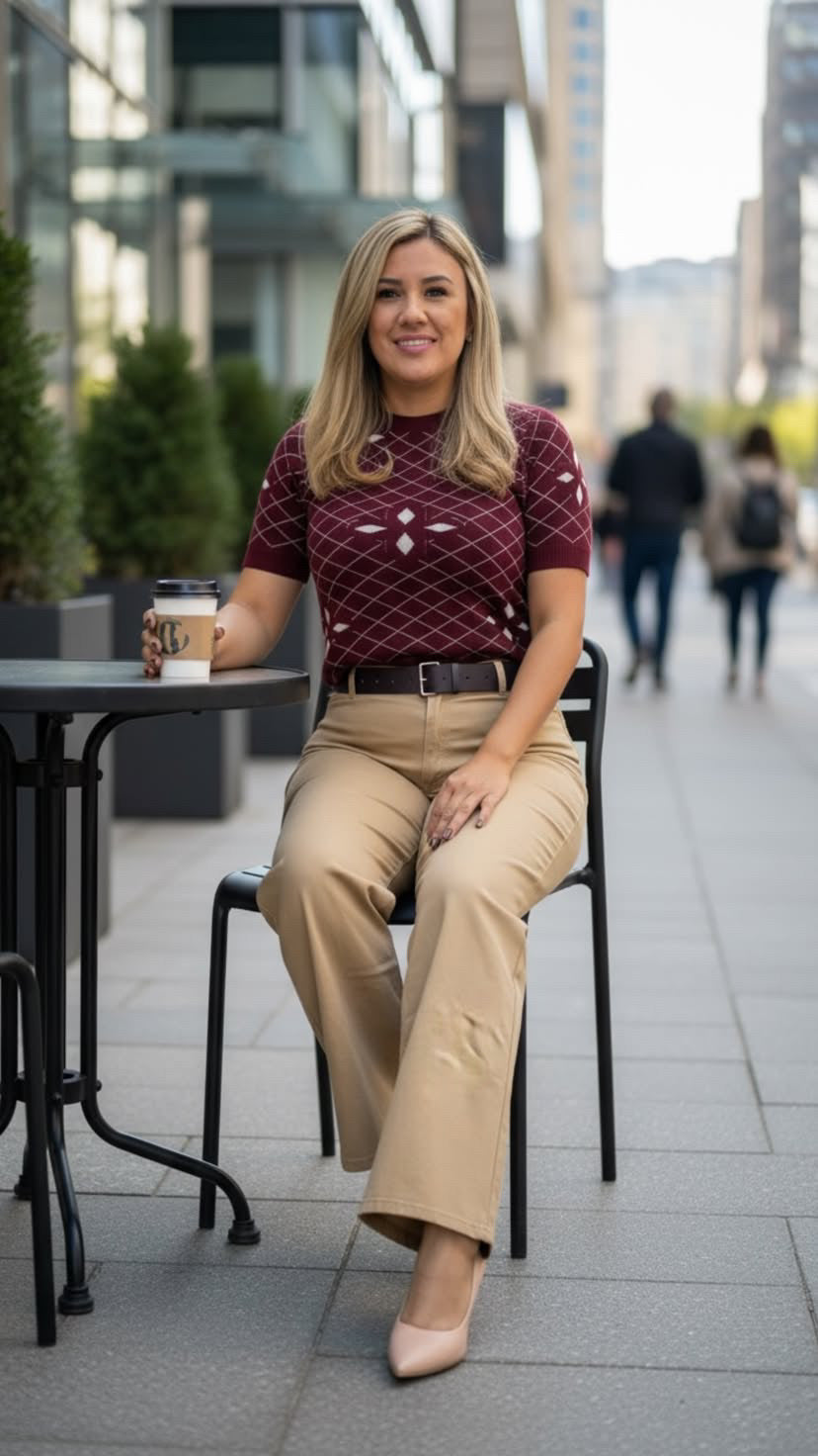 Suéter de Manga Corta Color Guindo Estampado Rombos