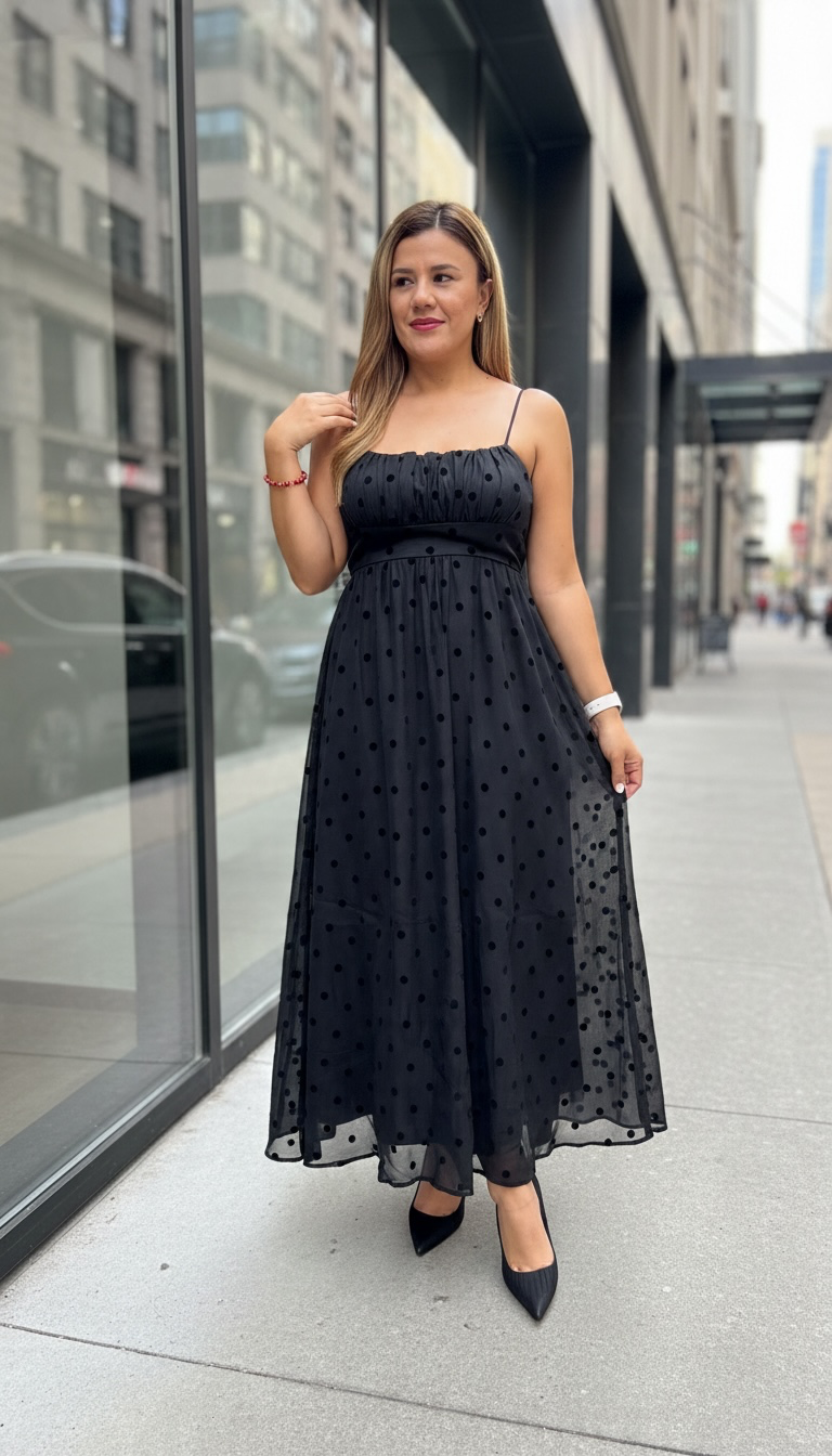 Vestido Negro de Tirantes Estampado Polka Dots en Negro