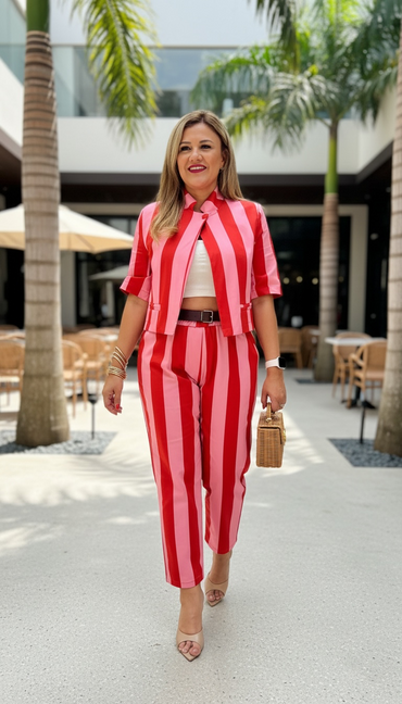 Set de Blusa y Pantalón Estampados a Rayas Rosa y Rojo