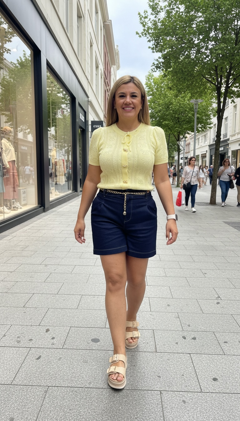 Blusa Amarilla de Manga Corta con Listón y Botones de Moño