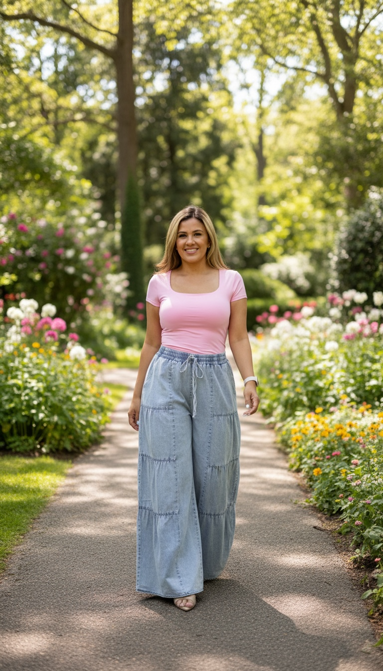 Blusa Rosa Básica con Copas Cuello Redondo Amplio