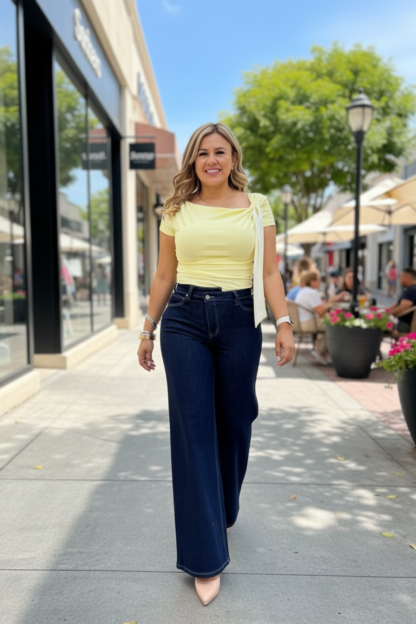 Blusa Amarilla de Manga Corta con Aplicación de Moño con Pañoleta