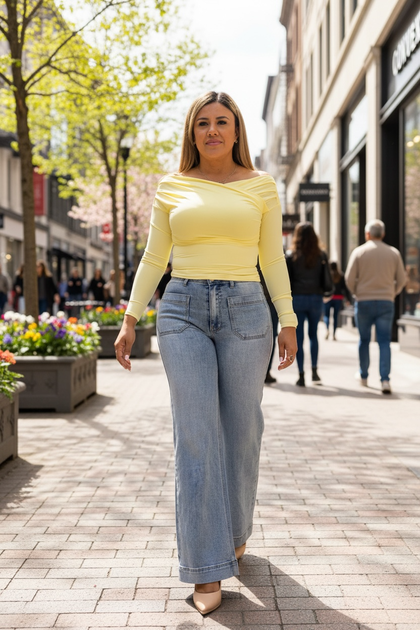 Blusa Amarillo Pastel de Licra con Plisados en el Cuello