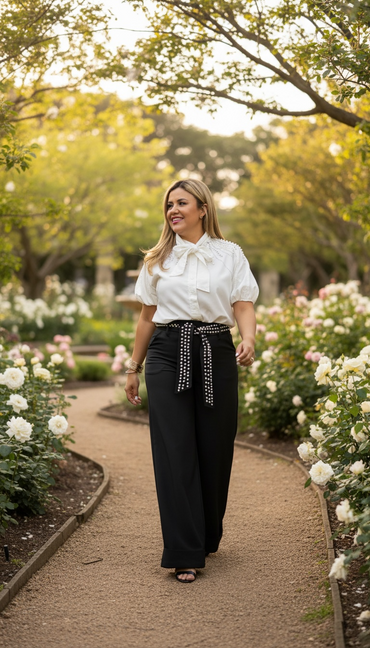 Maxi Pantalón Negro con Valenciana Con Cinto con Perlas