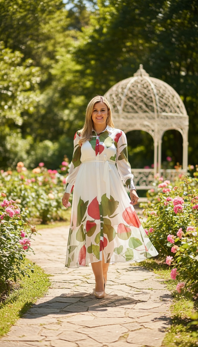 Vestido Blanco de Gasa Estampado de Hojas, Con Forro
