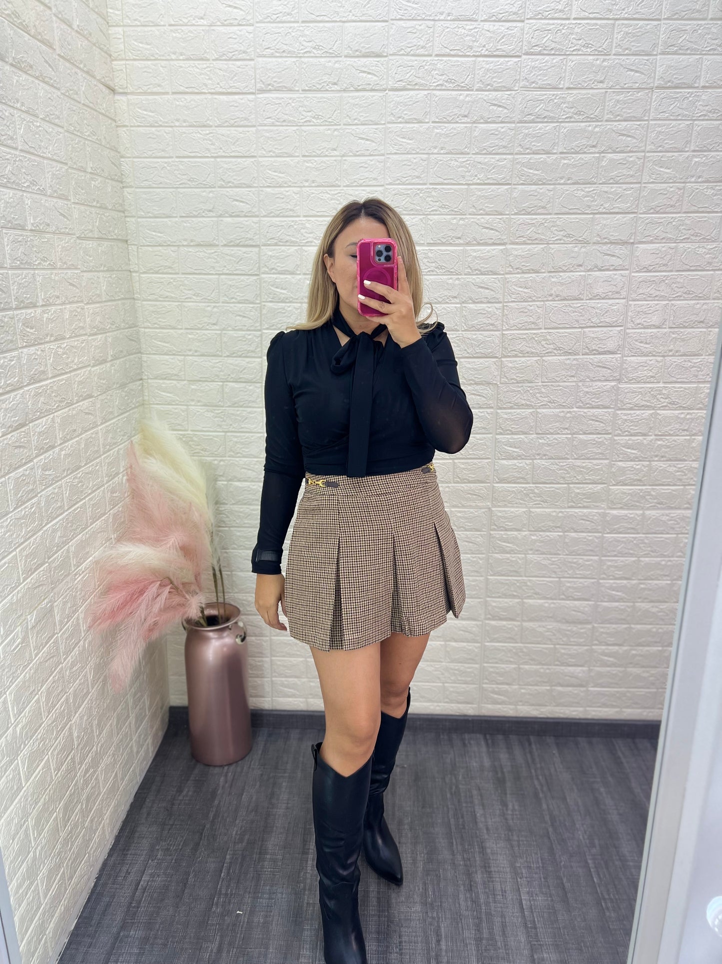 Falda Short Estampada A Cuadros Tela de Lana