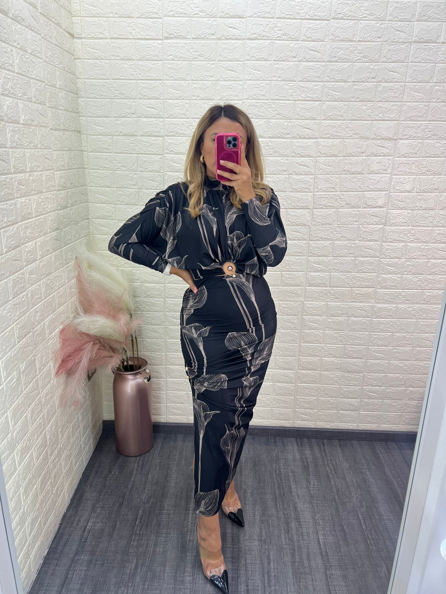 Set Estampado Negro con Café, Blusa y Falda