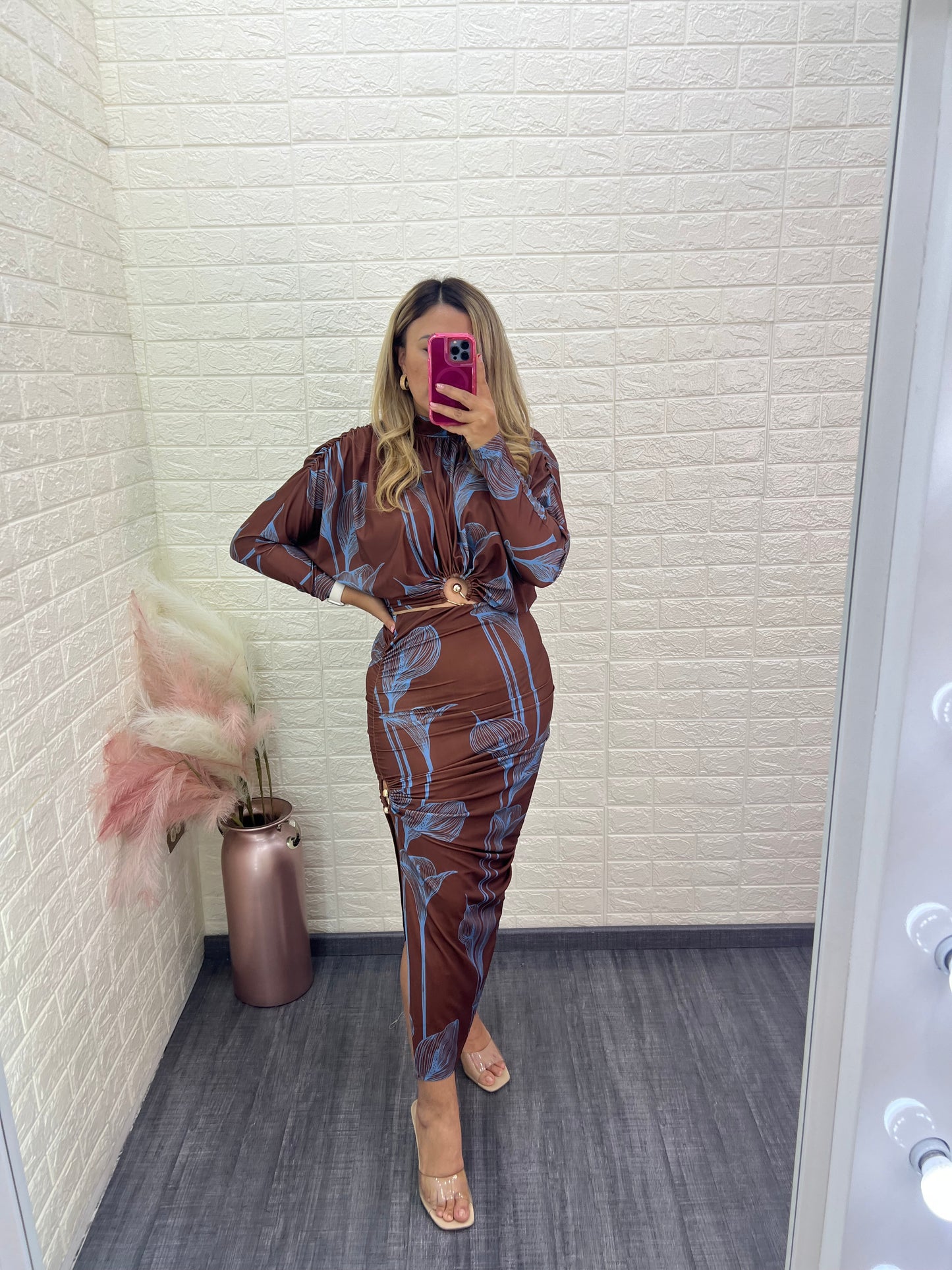 Set Estampado Café con Azul, Blusa y Falda