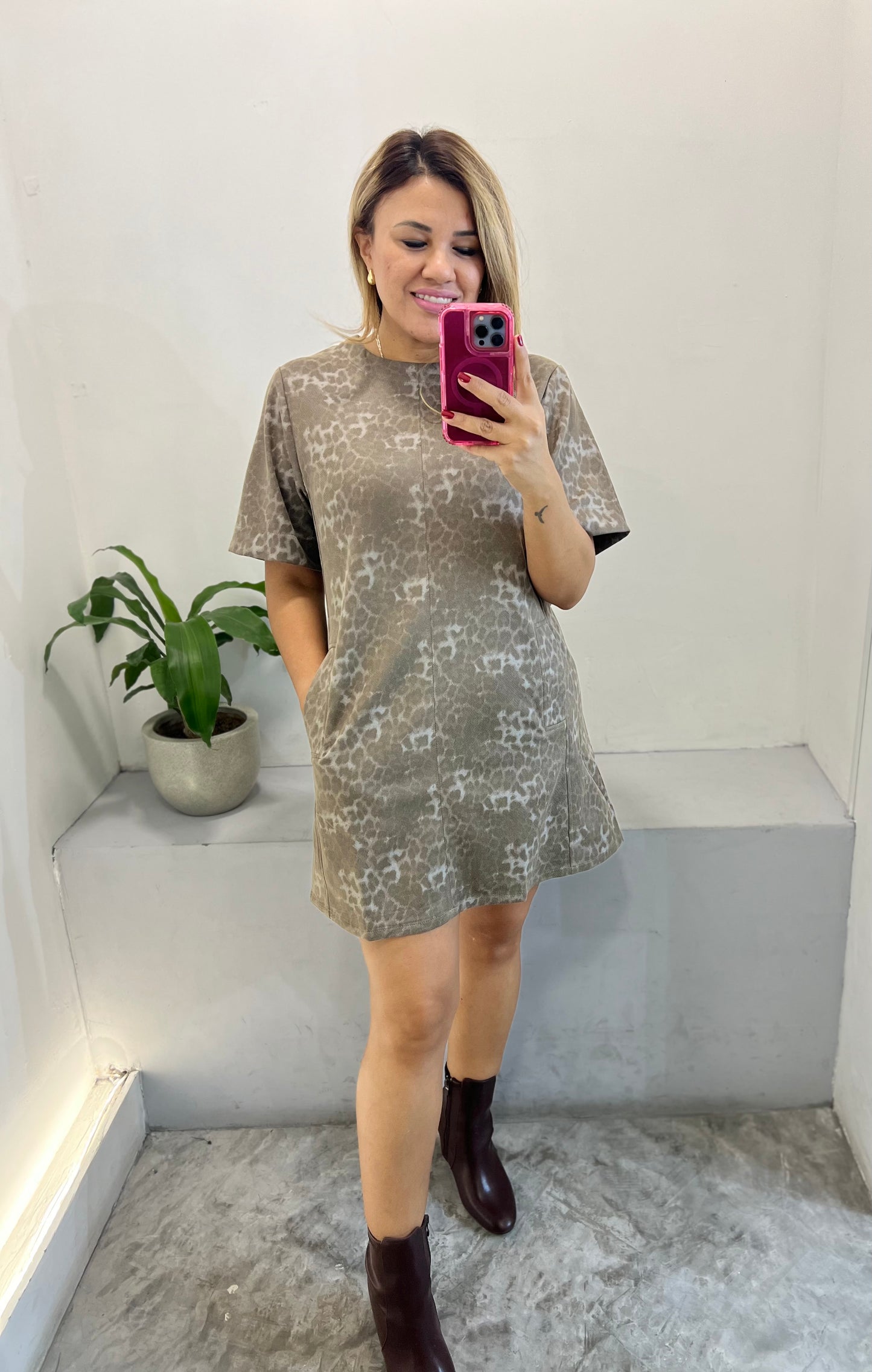 Vestido Gris Estilo Bata Estampado Animal Print