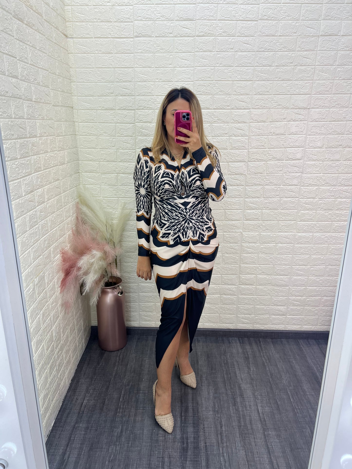 Vestido Estampado Negro con Beige